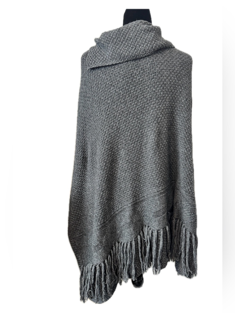 Coldwater Creek Gray Cowl Neck Fringe Poncho Cape Sweater Boho Wool Blend - Picture 2 of 6